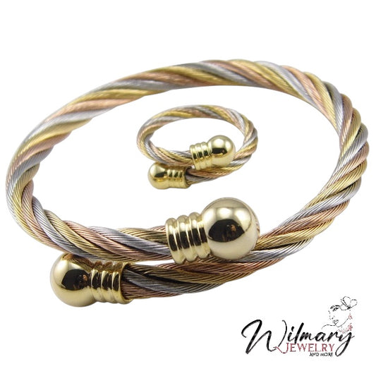 Pulsera y anillo tres tonos